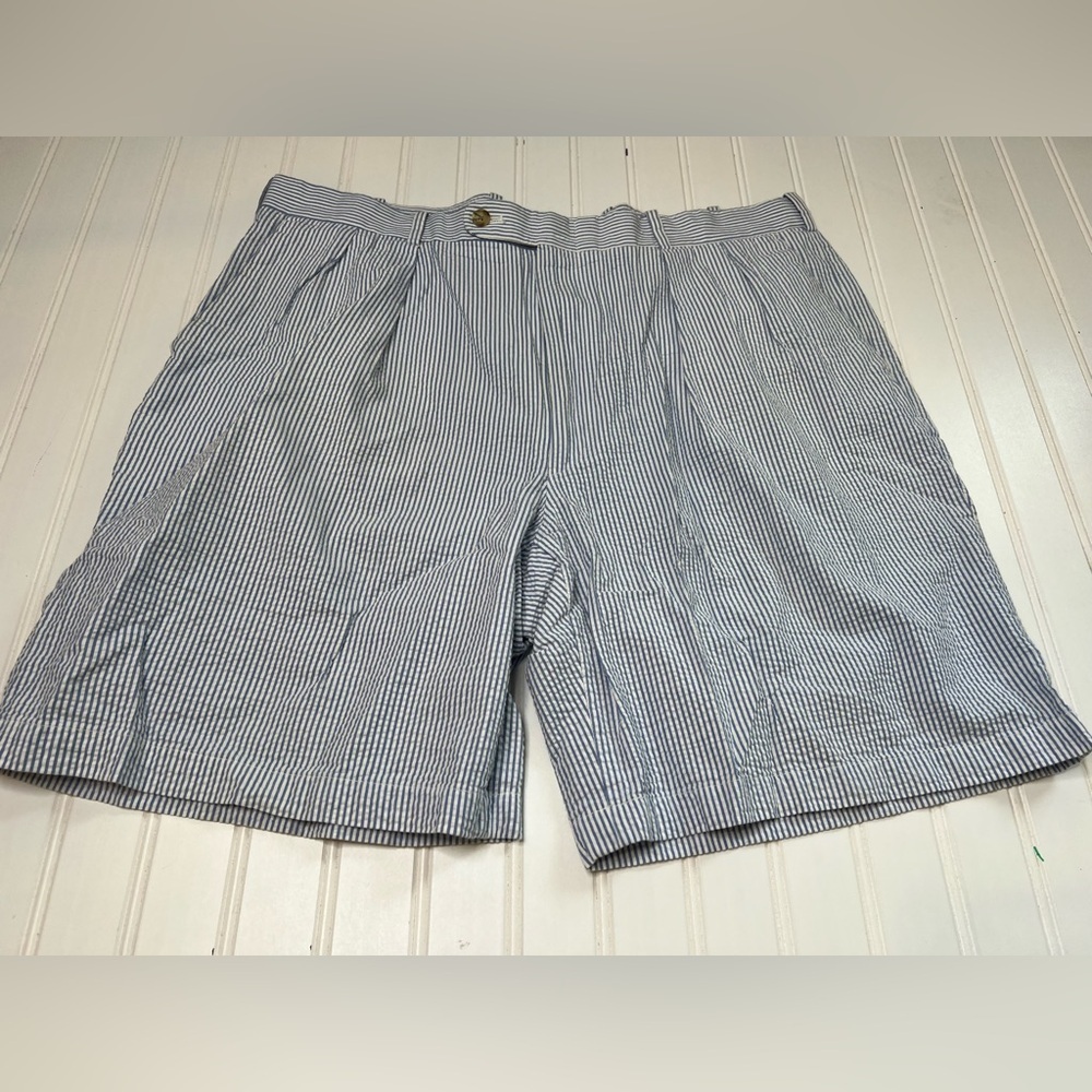 Peter Millar Seersucker Shorts Mens 38 White Blue Striped Pleated Golf 564